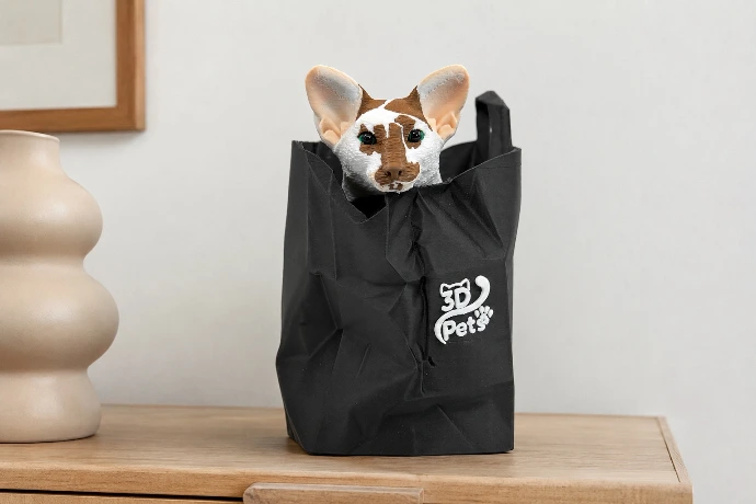 beeldje van een kat in wat lijkt op een zwarte plastic zak met zijn kop eruit