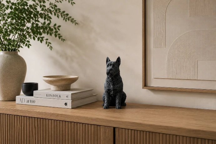 beeldje van een zwarte hond op een kast
