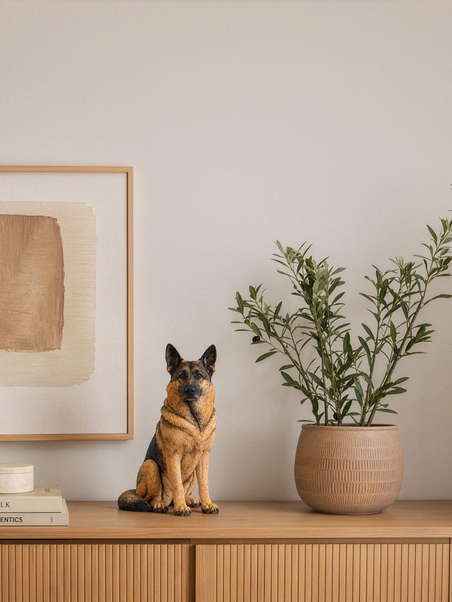 beeldje van een herdershond op een kast met planten ernaast