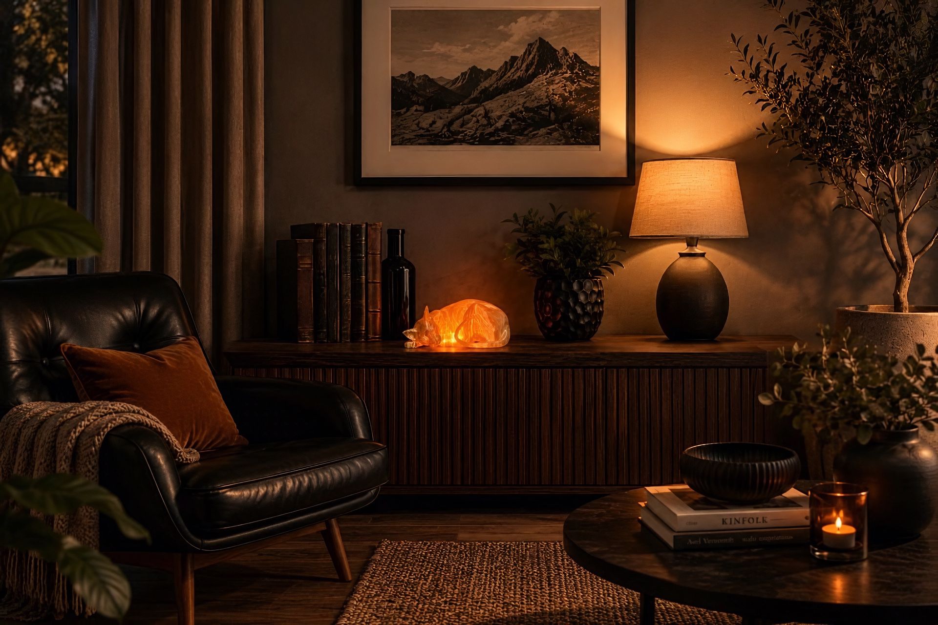 beeldje van een doorschijnend beeld van een kat in een woonkamer decor